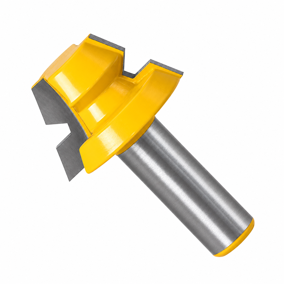 Angled close-up of the lock miter router bit cutting edges, yellow cutter body and steel shank