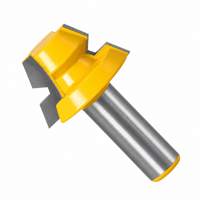 Angled close-up of the lock miter router bit cutting edges, yellow cutter body and steel shank