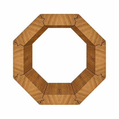 Eight-sided wooden assembly showing the interlocking joint pattern formed by complementary 22.5-degree profiles