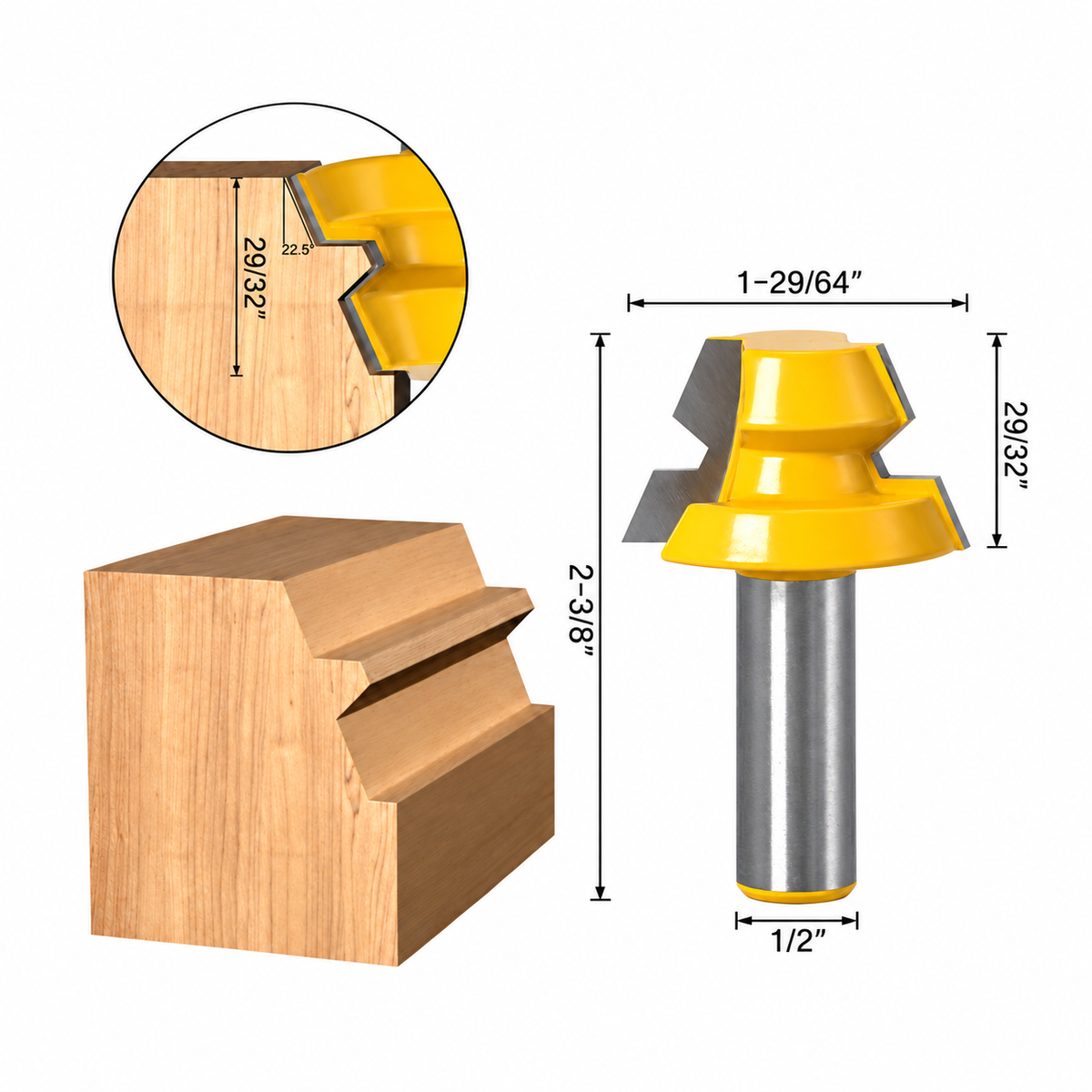 Recessed-profile router bit and matching wood cut with 1/2-inch shank, 1-29/64-inch diameter and 22.5-degree profile dimensions