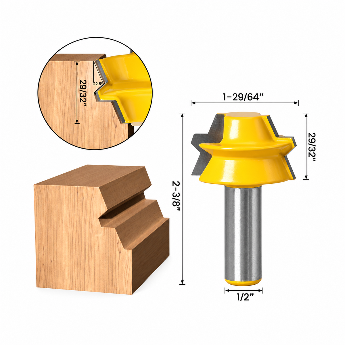 Projecting-profile router bit and matching wood cut with 1/2-inch shank, 1-29/64-inch diameter and 22.5-degree profile dimensions