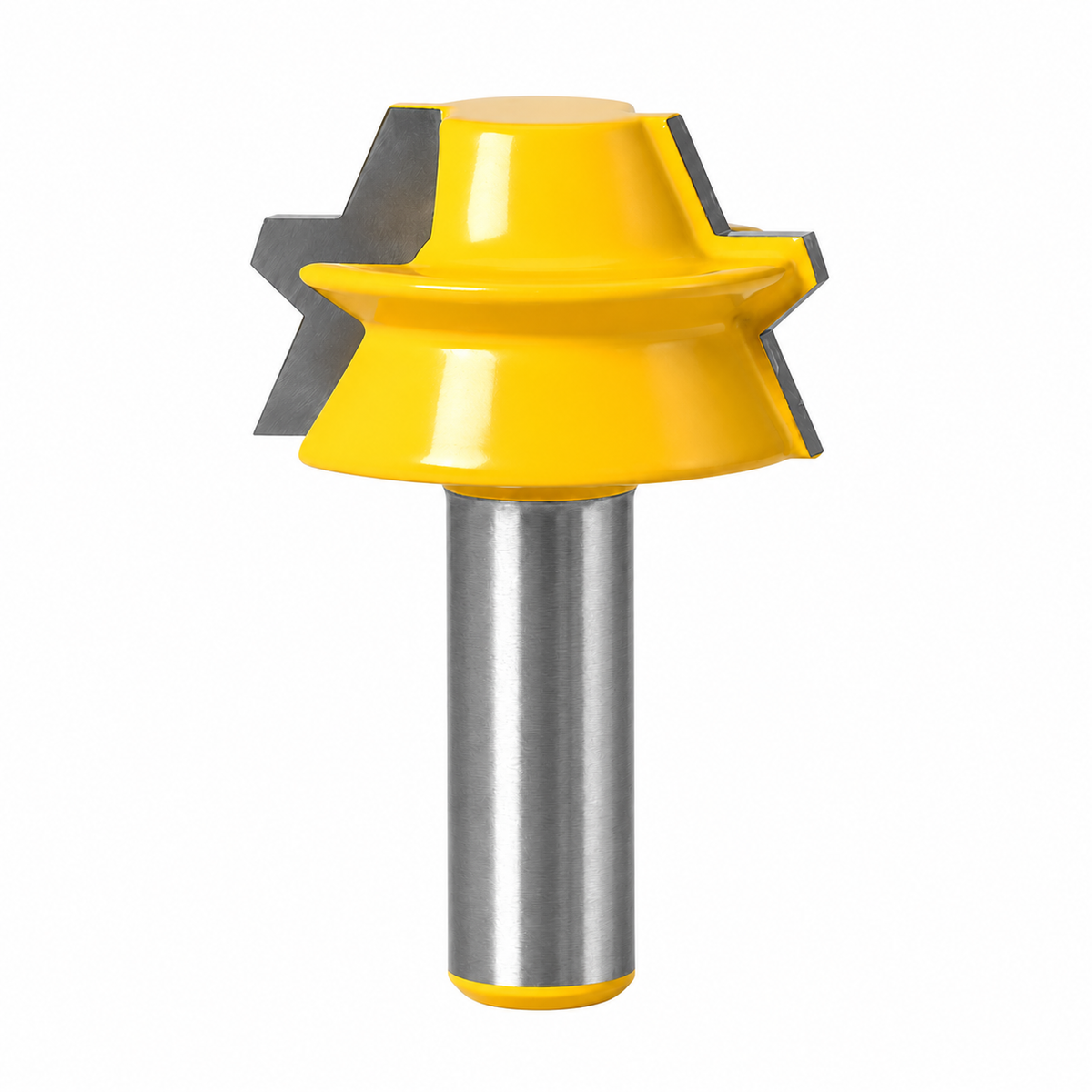 Front view of yellow 22.5-degree lock miter router bit with projecting center rib and steel 1/2-inch shank