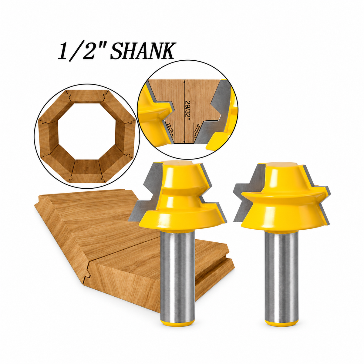 Two-piece 22.5-degree lock miter router bit set with 1/2-inch shanks and interlocking wood joint examples