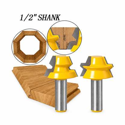 Two-piece 22.5-degree lock miter router bit set with 1/2-inch shanks and interlocking wood joint examples