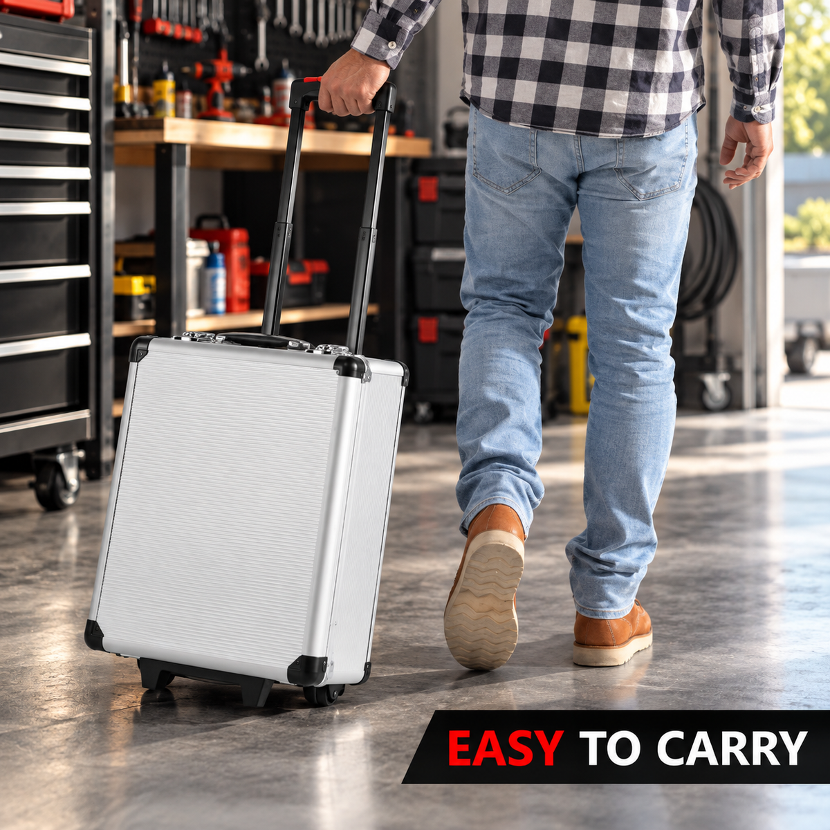 PROMASTERTOOL 899-piece rolling tool case easy to carry in a workshop