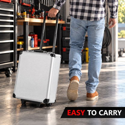 PROMASTERTOOL 899-piece rolling tool case easy to carry in a workshop