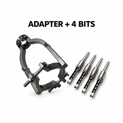 PROMASTERTOOL drill adapter with four hollow mortising chisel-and-bit assemblies