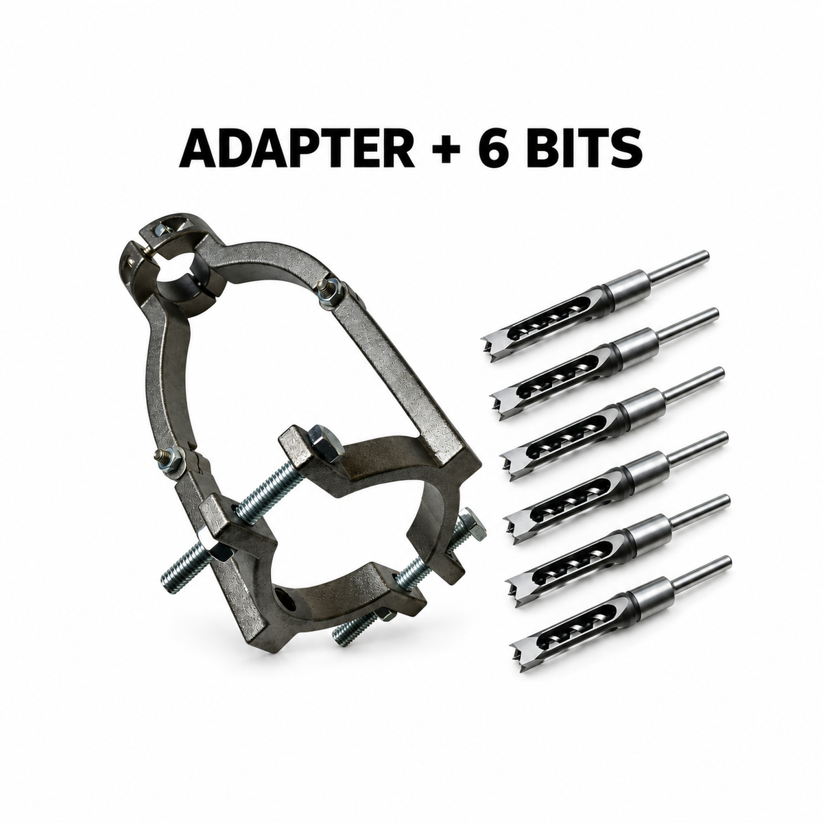 PROMASTERTOOL drill adapter with six hollow mortising chisel-and-bit assemblies