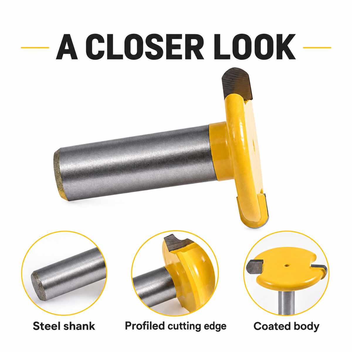 Detailed view of the steel shank, profiled cutting edge and coated router bit body