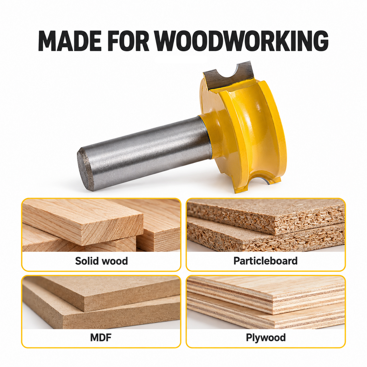 Flute and bead router bit with compatible solid wood, particleboard, MDF and plywood