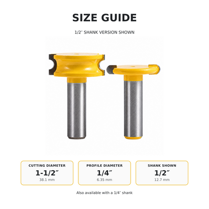 Size guide: 1-1/2-inch cutting diameter, 1/4-inch profile diameter, 1/2-inch shank version shown
