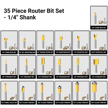 PROMASTERTOOL™ 35 Piece Router Bit Set - 1/4 inch Shank