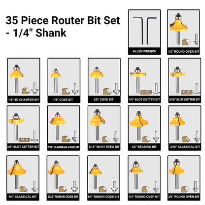 PROMASTERTOOL™ 35 Piece Router Bit Set - 1/4 inch Shank